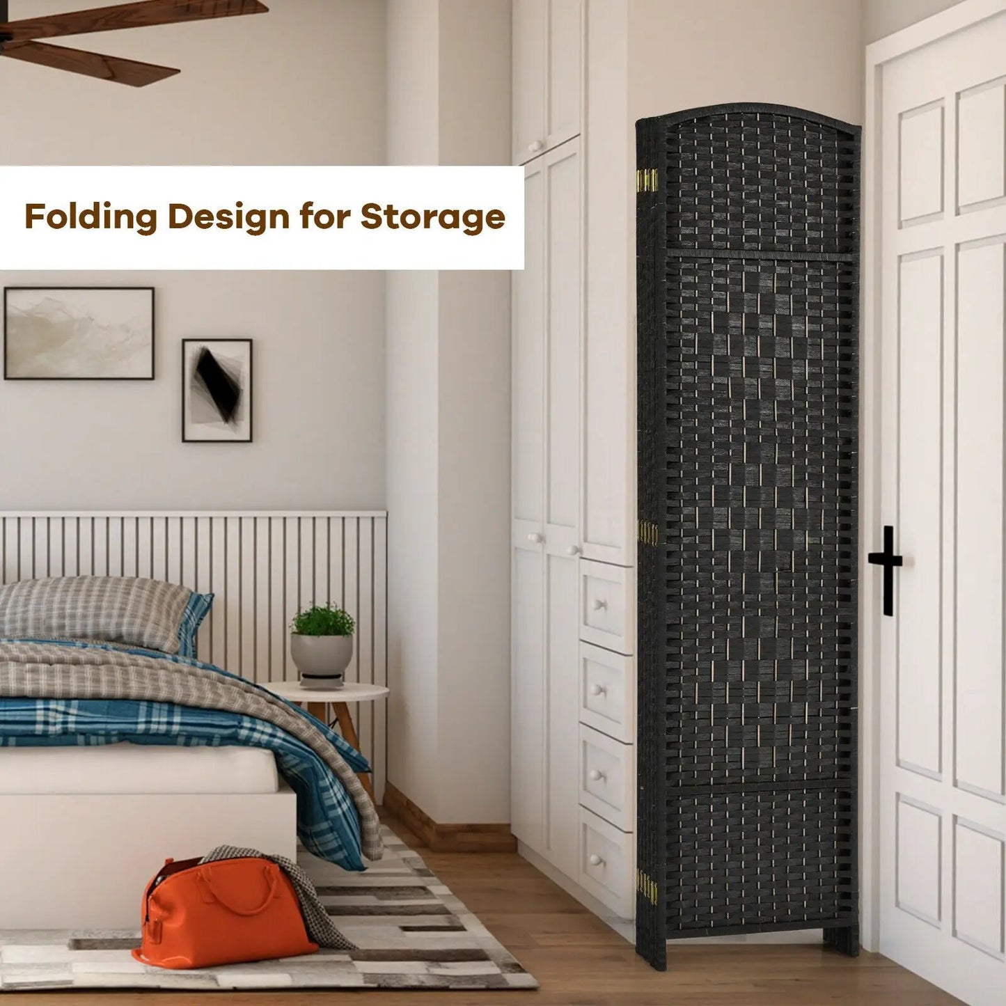 6.5Ft 6-Panel Weave Folding Fiber Room Divider black woven panel on Tampa Home & Garden Store