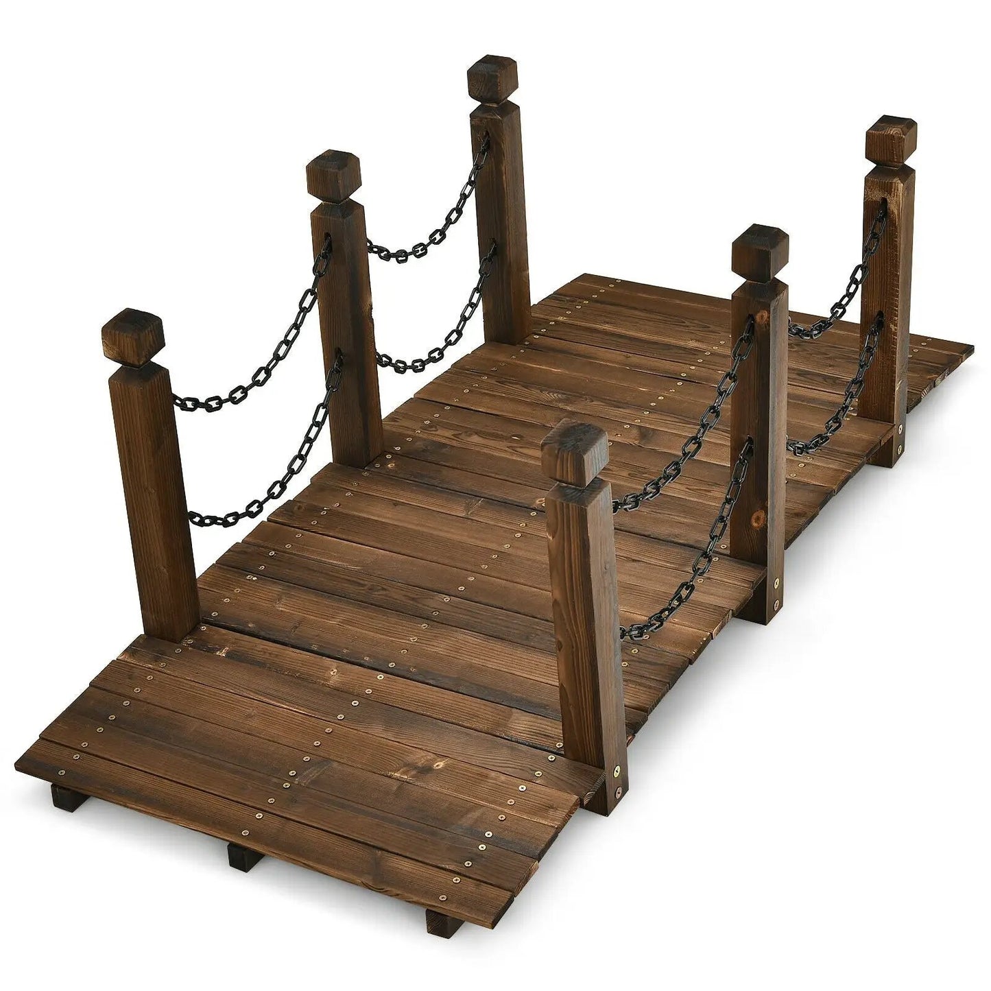 5 ft Arc Wooden Garden Bridge with Rails stained brown wood with chain railings on Tampa Home & Garden Store