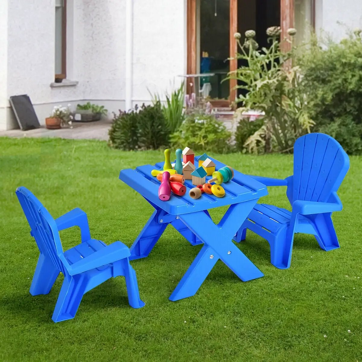 Blue 3-Piece Plastic Kids Table Chair Set with a table and two chairs on Tampa Home & Garden Store