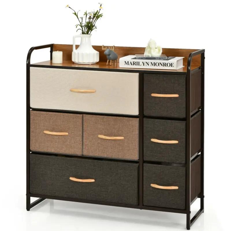 7-drawer dresser with steel frame and wooden top; fabric drawers in beige, tan and brown on Tampa Home & Garden Store
