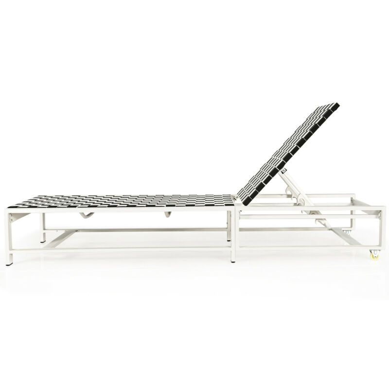Patio Adjustable Reclining Chaise with Wheels, white frame and checkered cushion on Tampa Home & Garden Store