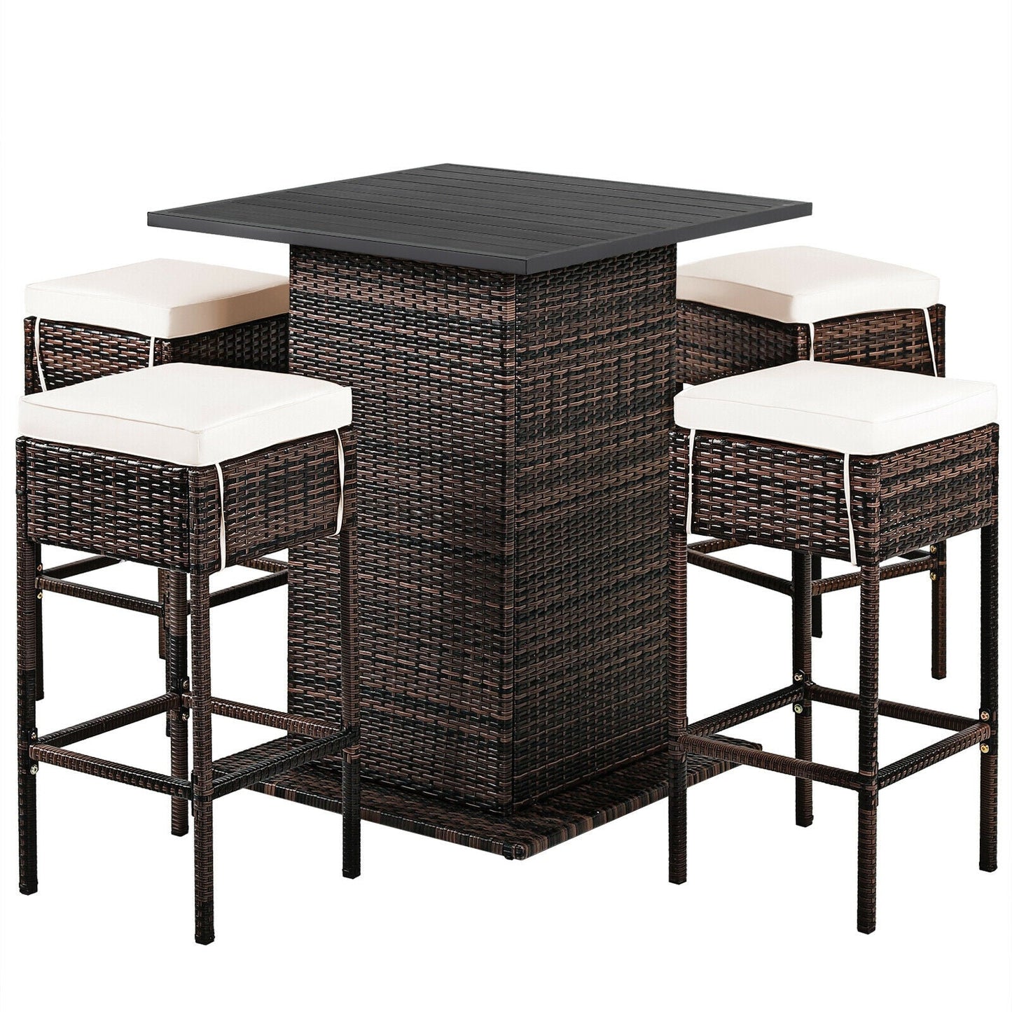 5 Pieces Patio Rattan Bar Table Stool Set Hidden Storage Shelf Cushioned-Navy