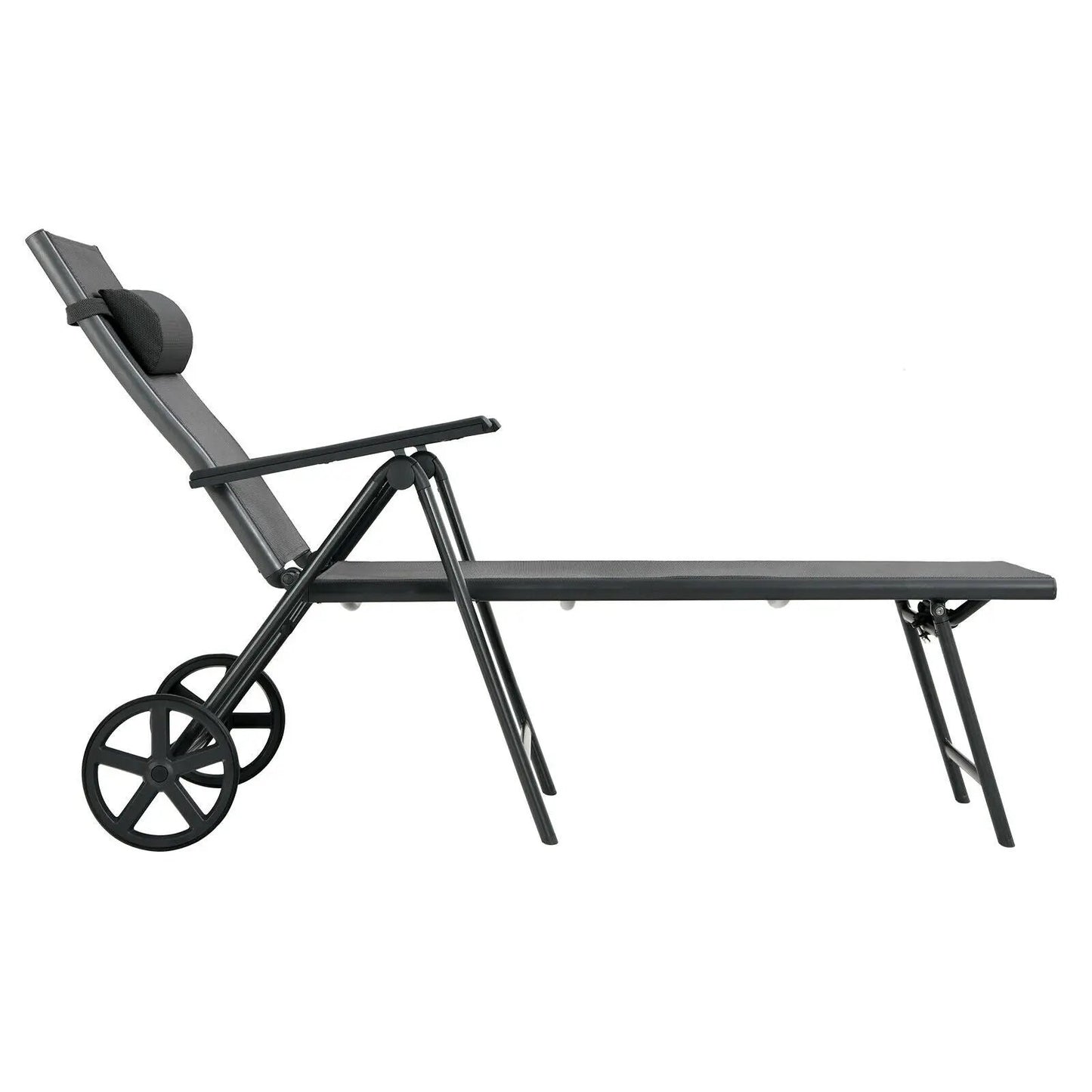 Patio lounge chair with wheels, gray fabric, neck pillow, aluminum frame DirectDeals on Tampa Home & Garden Store