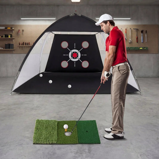 DirectDeals Golf Practice Net 10.3x6.5ft with foldable Tri-Turf mat; golfer practicing indoors on Tampa Home & Garden Store