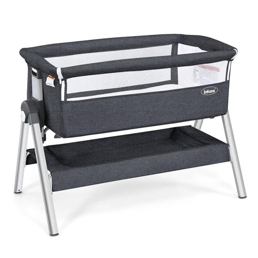 Portable bedside bassinet with mesh sides on adjustable frame in dark gray Infans logo on Tampa Home & Garden Store