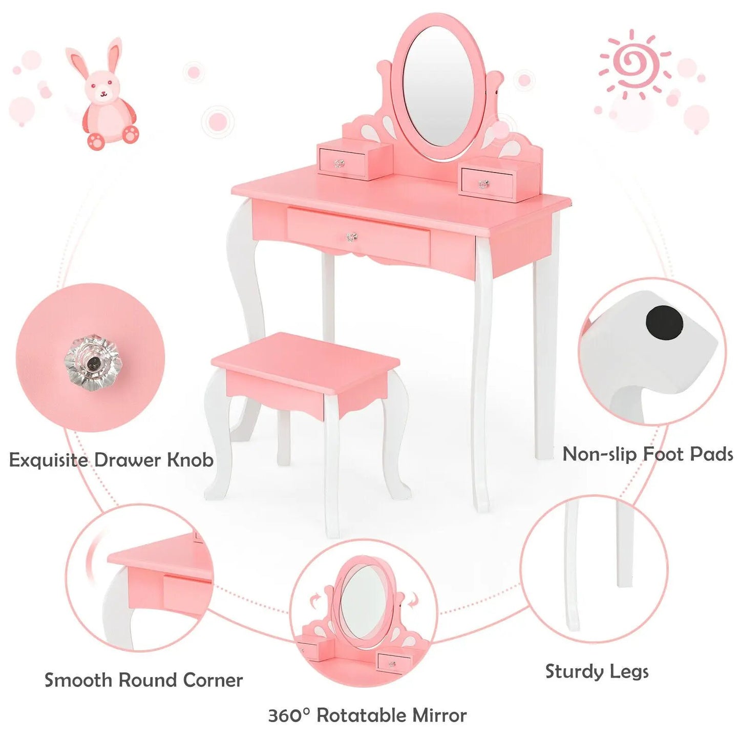 Kids pink vanity set with white legs, oval mirror and two drawers, matching stool on Tampa Home & Garden Store