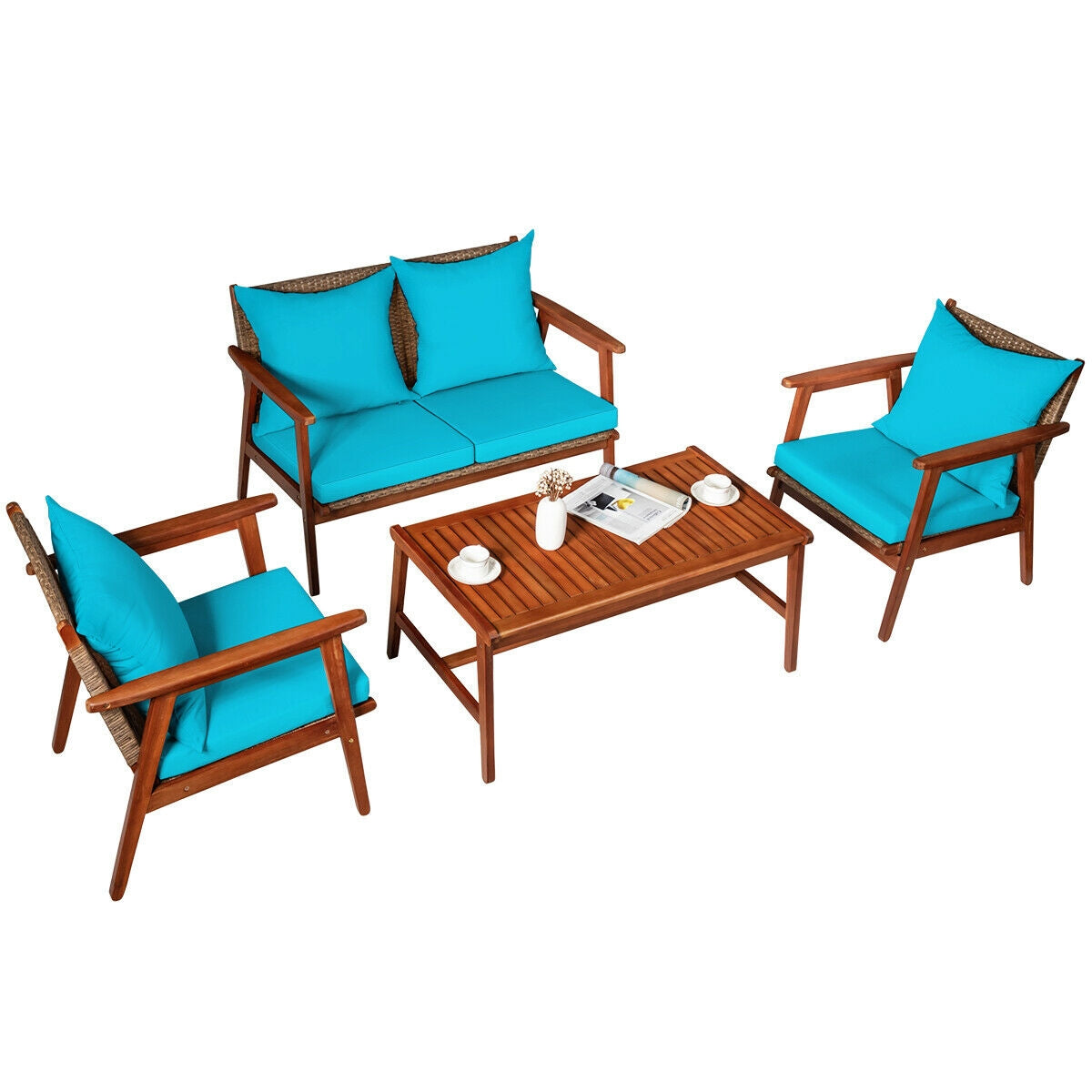4 Piece Acacia Wood Patio Rattan Furniture Set-Red