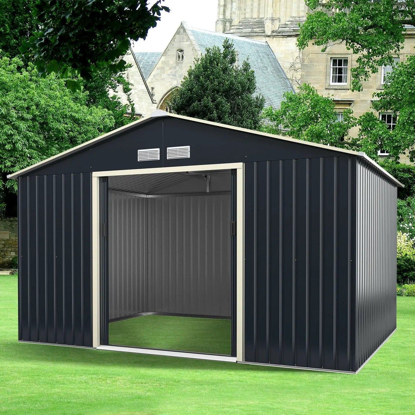 11 x 8 ft metal storage shed for garden tools with dark gray panels and beige trim on a lawn on Tampa Home & Garden Store