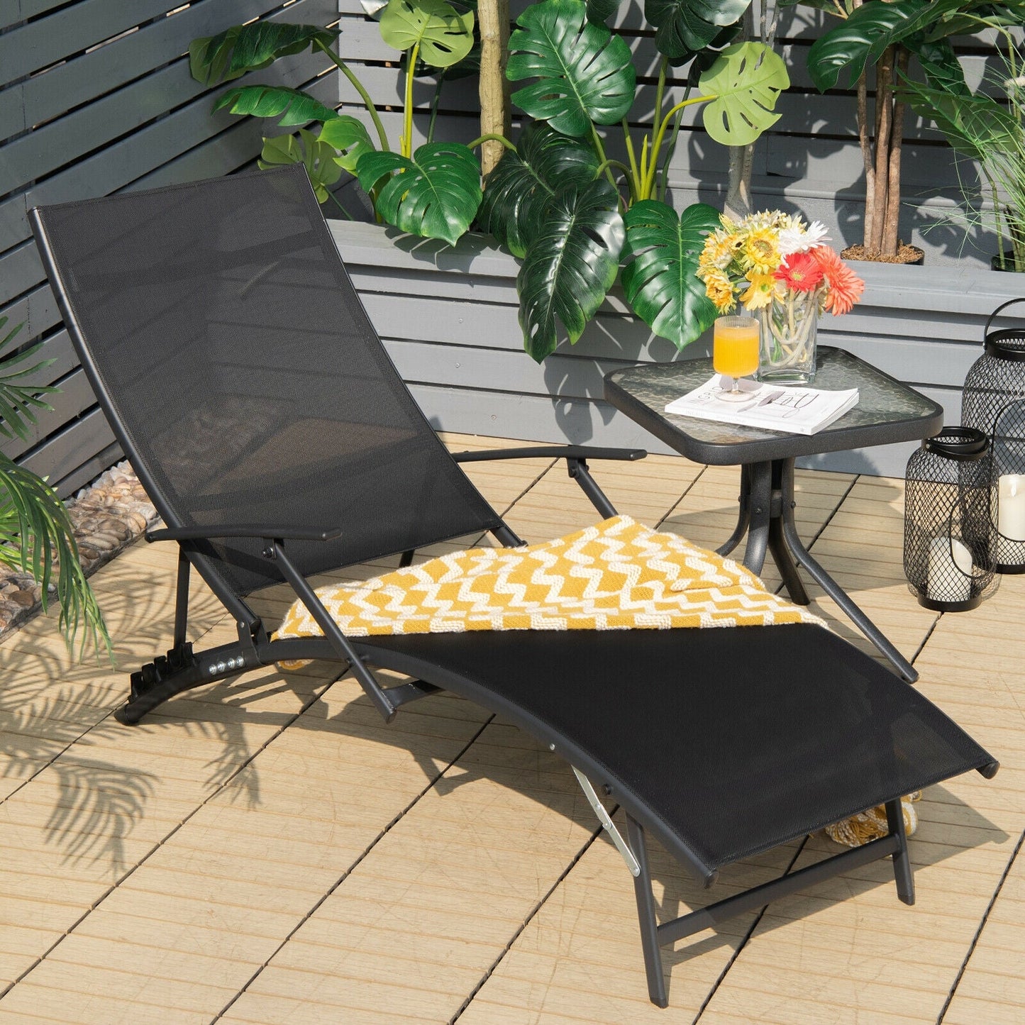 2 Tumbonas plegables y apilables de patio con reposabrazos - Negras