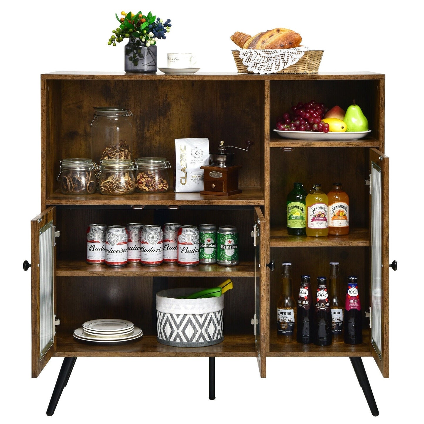 Aparador de cocina con puerta de cristal y estantes ajustables - Marrón rústico