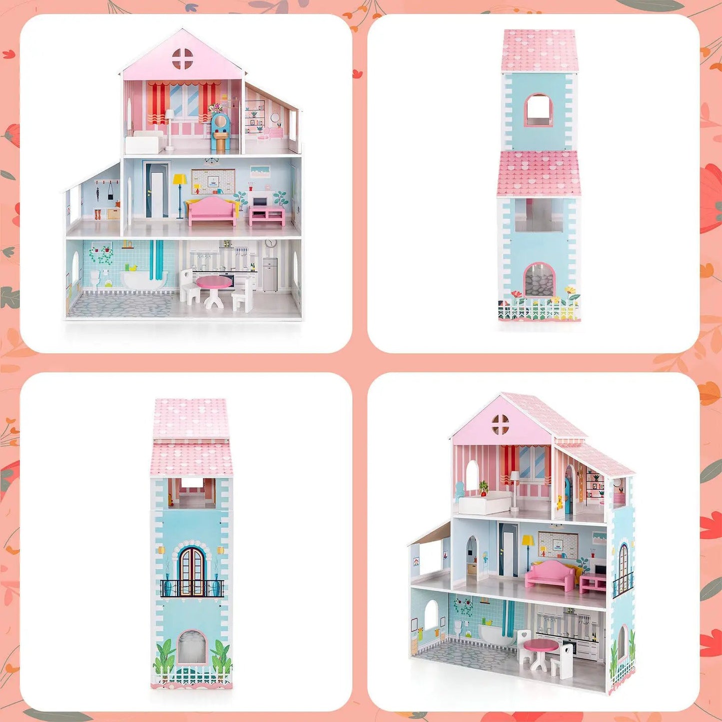 DirectDeals 3-Tier Toddler Doll House with Furniture Playset pastel pink/blue on Tampa Home & Garden Store