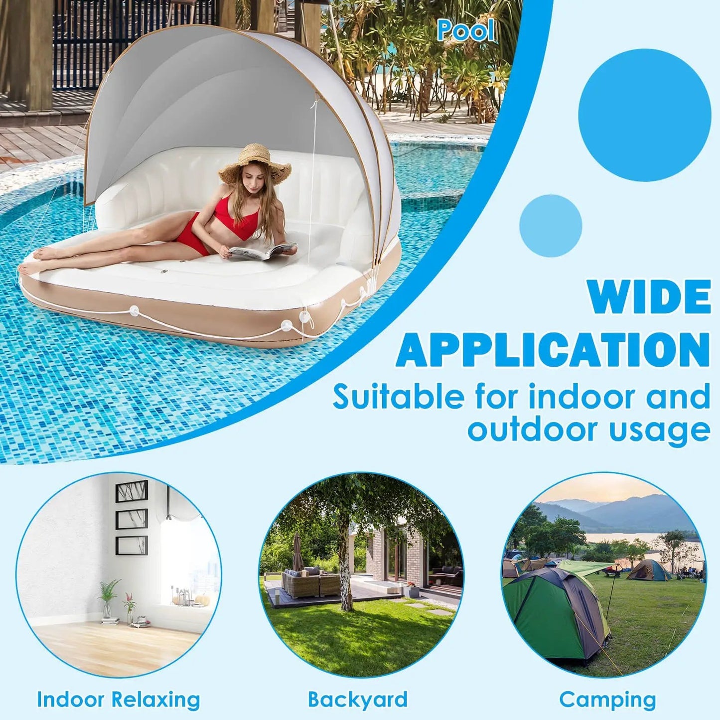 Inflatable pool float lounge with sunshade beige-white; woman in red bikini relaxing by pool on Tampa Home & Garden Store