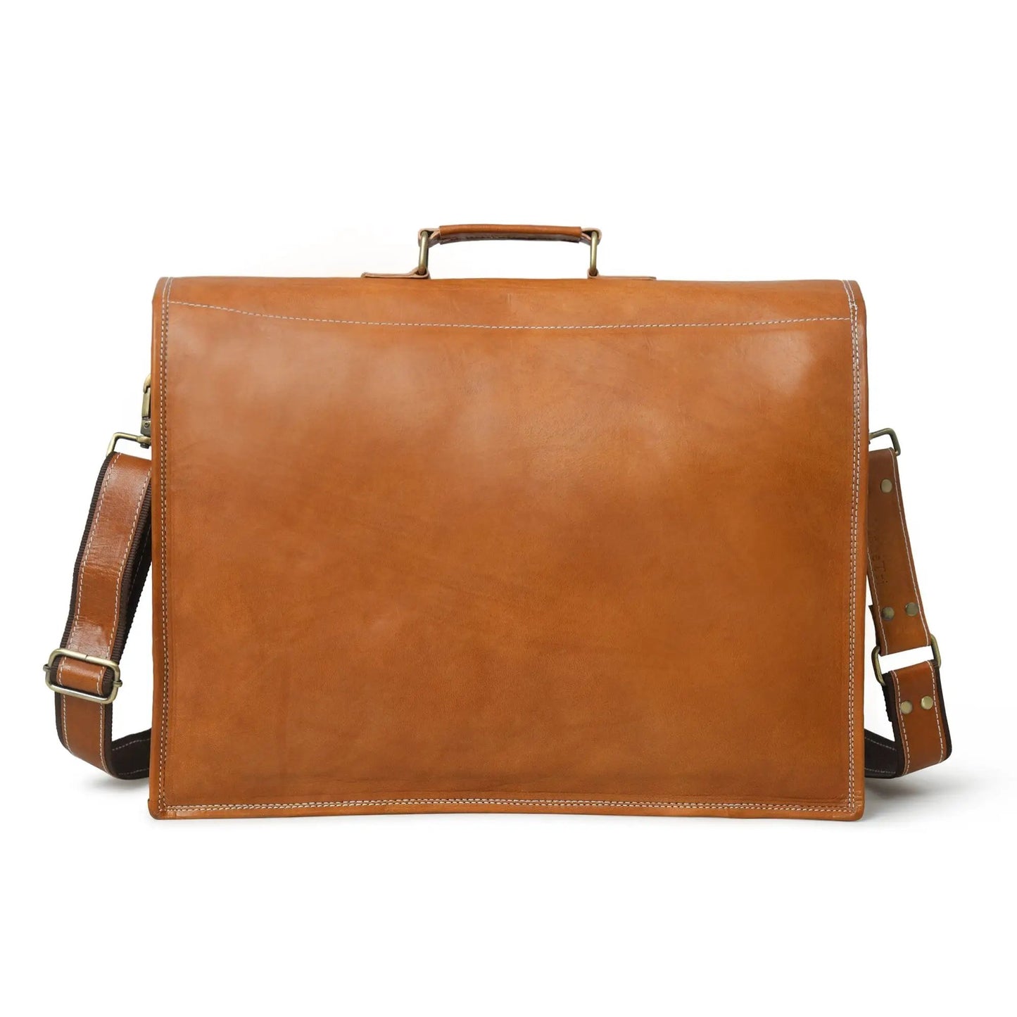 MaheTri Big Pocket Messenger Bag tan brown leather with brass hardware Classy Leather Bags on Tampa Home & Garden Store