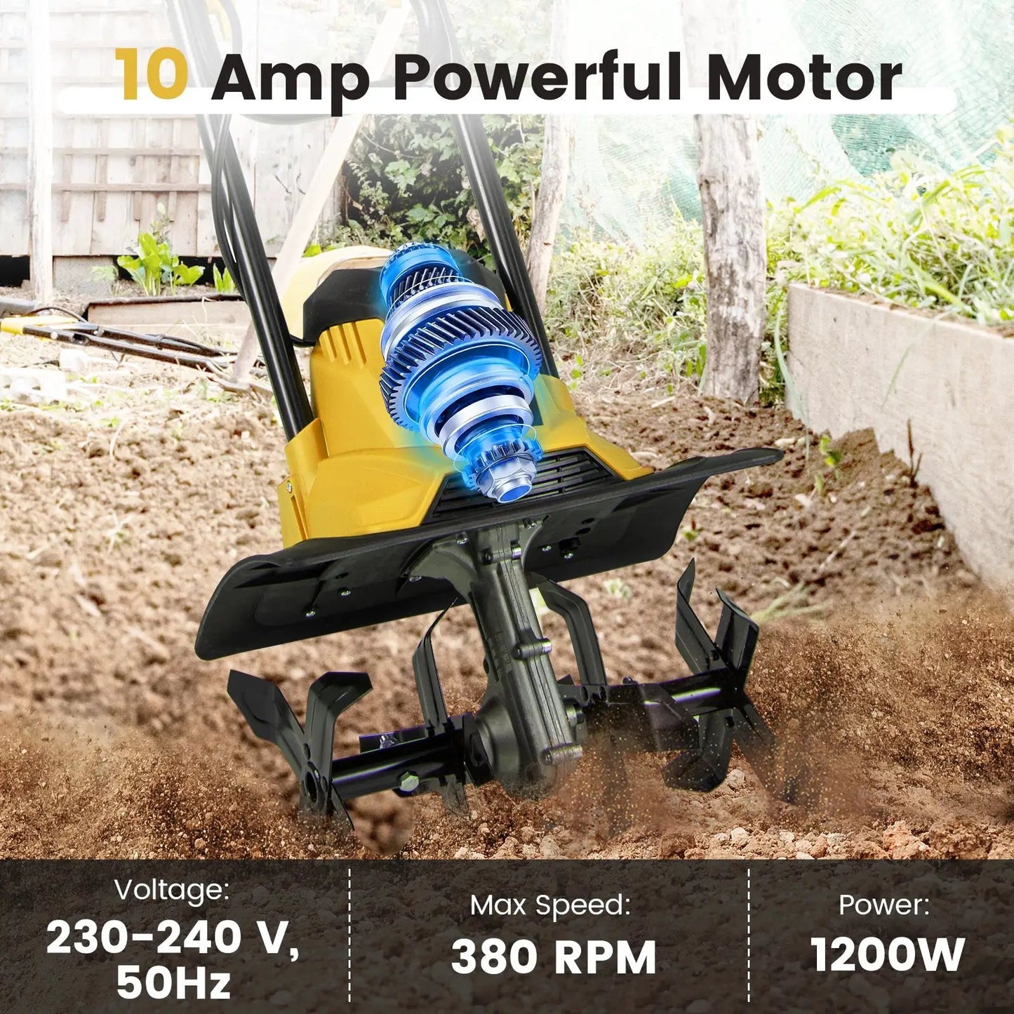DirectDeals 10 Amp electric tiller cultivator with safety lock, yellow body garden tiller on Tampa Home & Garden Store