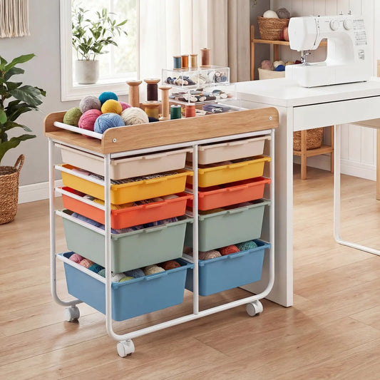 10-Drawer Rolling Cart with Wooden Tabletop and Lockable Wheels for Office - Tampa Home & Garden Store