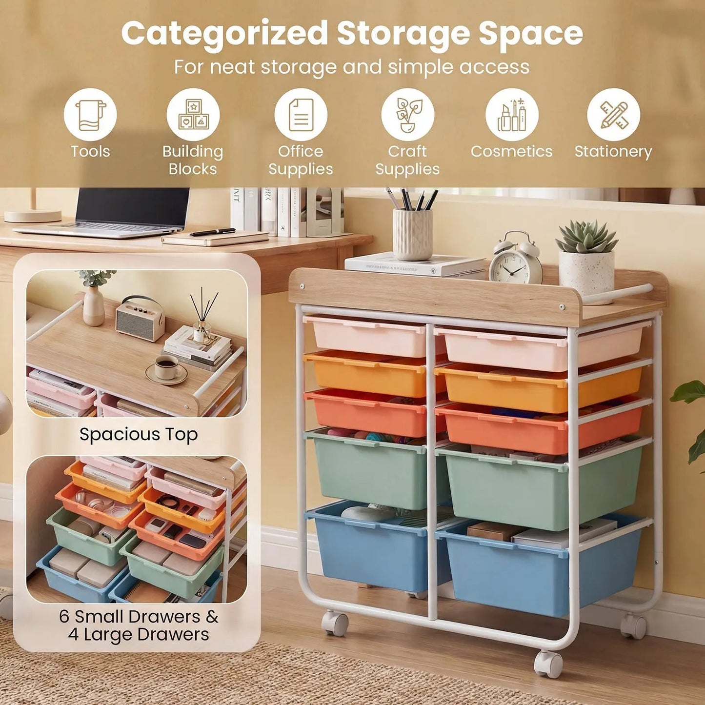 10-Drawer Rolling Cart with Wooden Tabletop by DirectDeals, white frame and colorful bins on Tampa Home & Garden Store