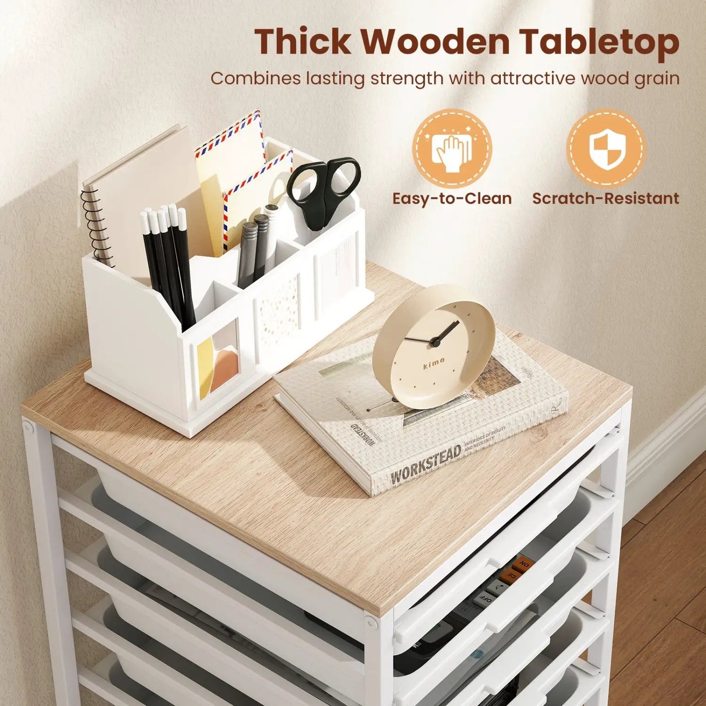 Ten-drawer mobile storage cart with natural wood top and white metal frame DirectDeals on Tampa Home & Garden Store