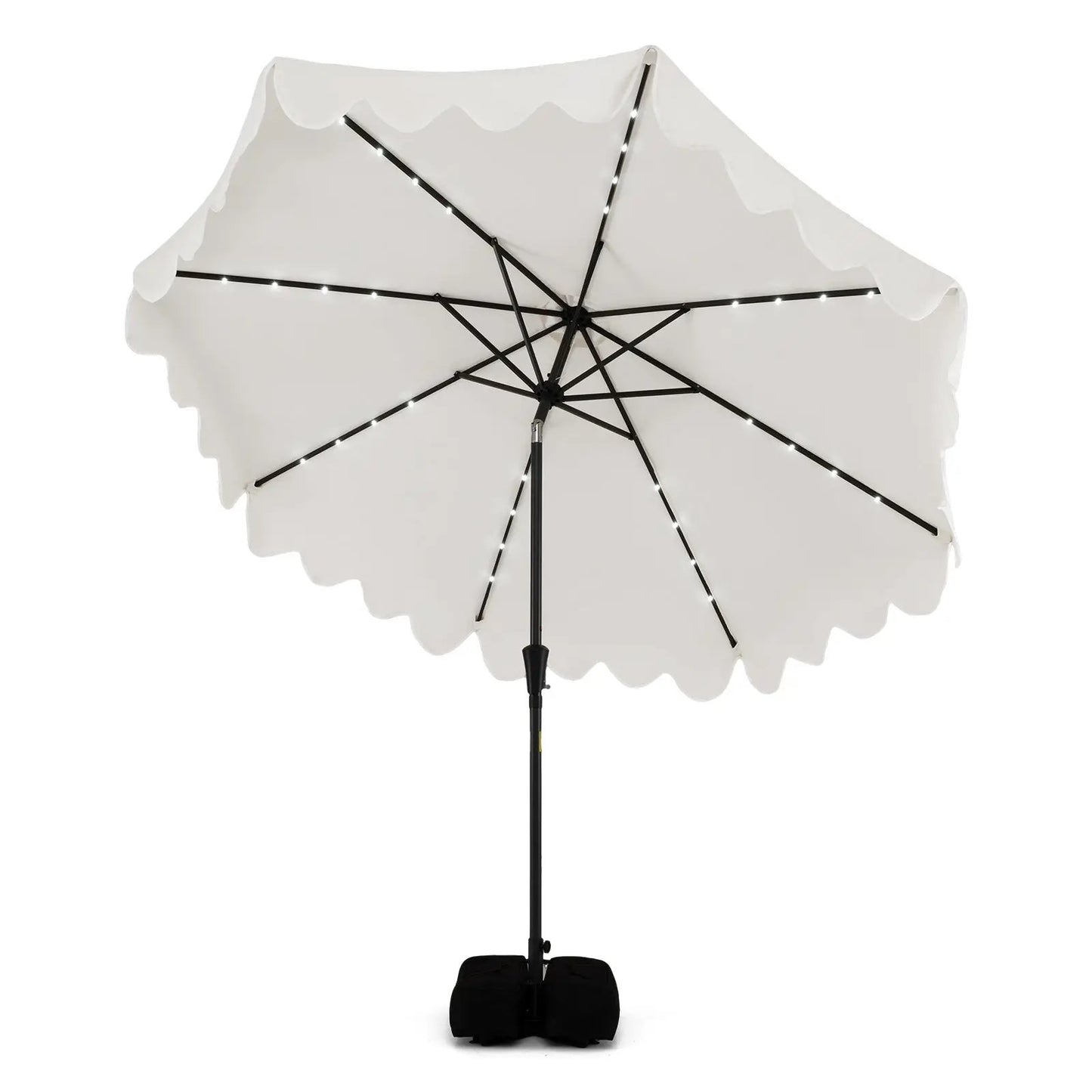 10 ft patio umbrella with solar LED lights, white canopy, black frame, weighted base on Tampa Home & Garden Store