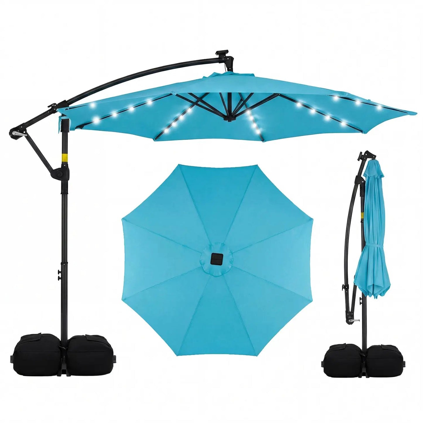 DirectDeals 10 ft solar LED cantilever umbrella teal canopy with curved arm and dual base on Tampa Home & Garden Store