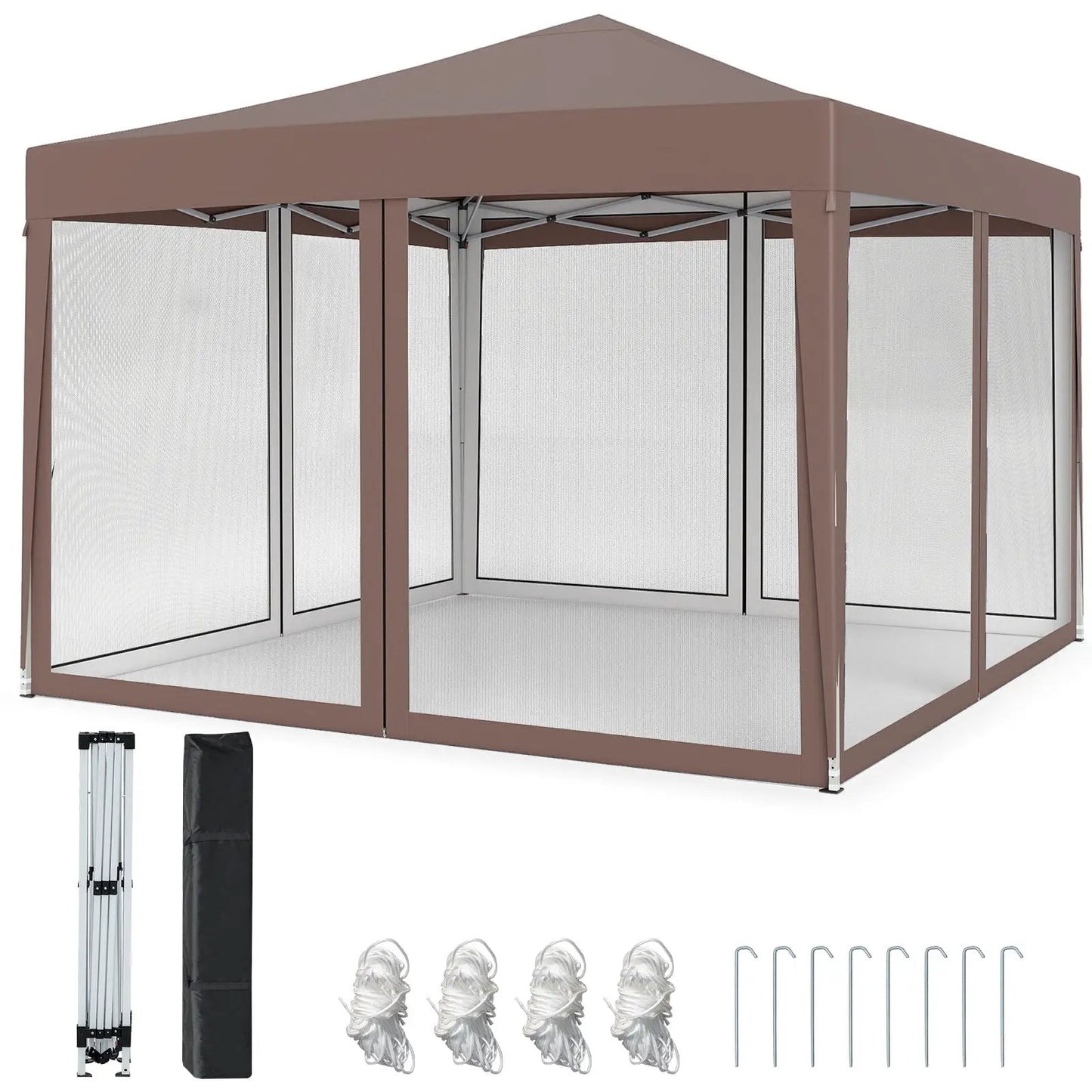 10 ft pop-up canopy tent with brown frame and mesh netting DirectDeals on Tampa Home & Garden Store