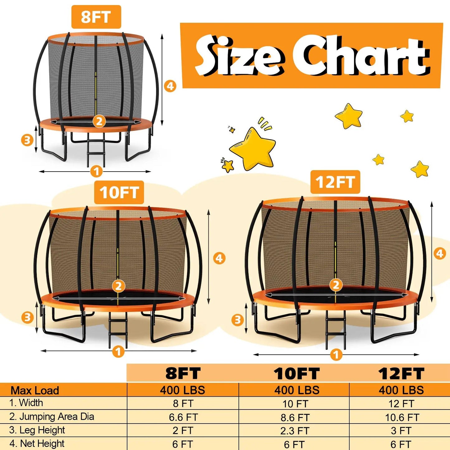 DirectDeals 10ft ASTM trampoline with ladder orange pad and black frame shown 8ft/12ft sizes on Tampa Home & Garden Store
