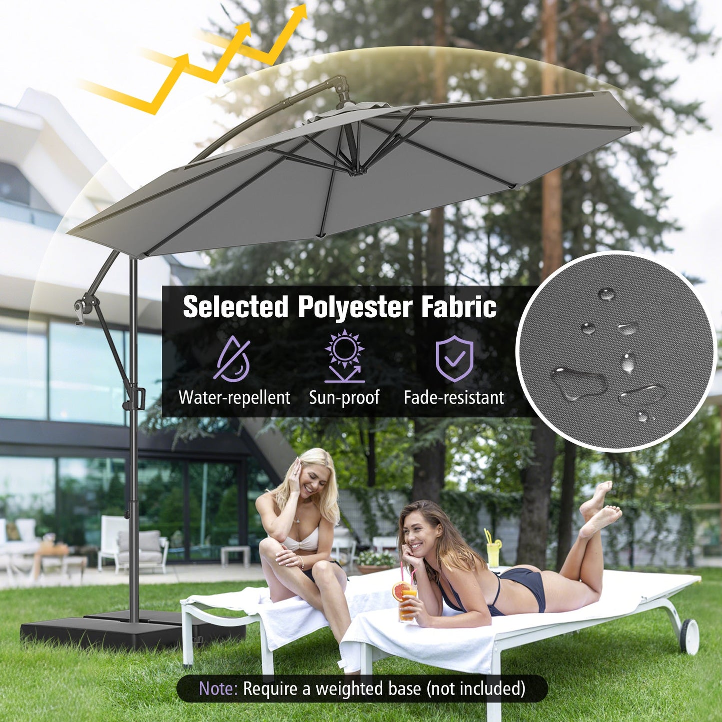 10 Feet Offset Hanging Umbrella with Base and Infinite Tilt-Gray