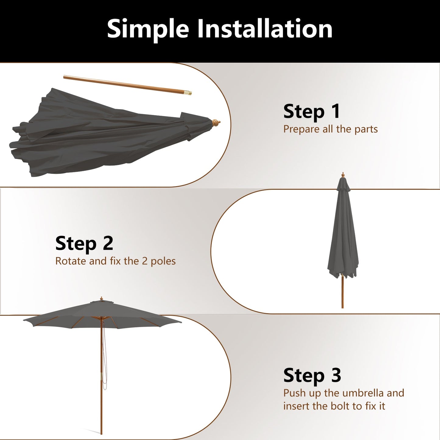 10 Feet Patio Umbrella with 8 Wooden Ribs and 3 Adjustable Heights-Gray