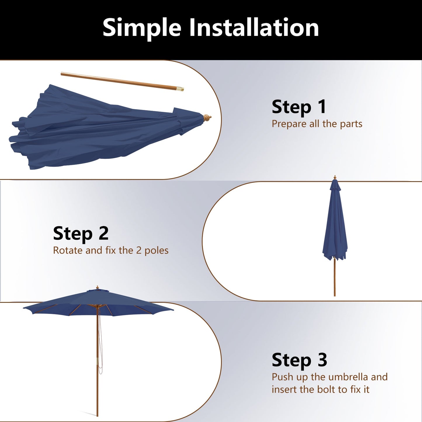 10 Feet Patio Umbrella with 8 Wooden Ribs and 3 Adjustable Heights-Navy
