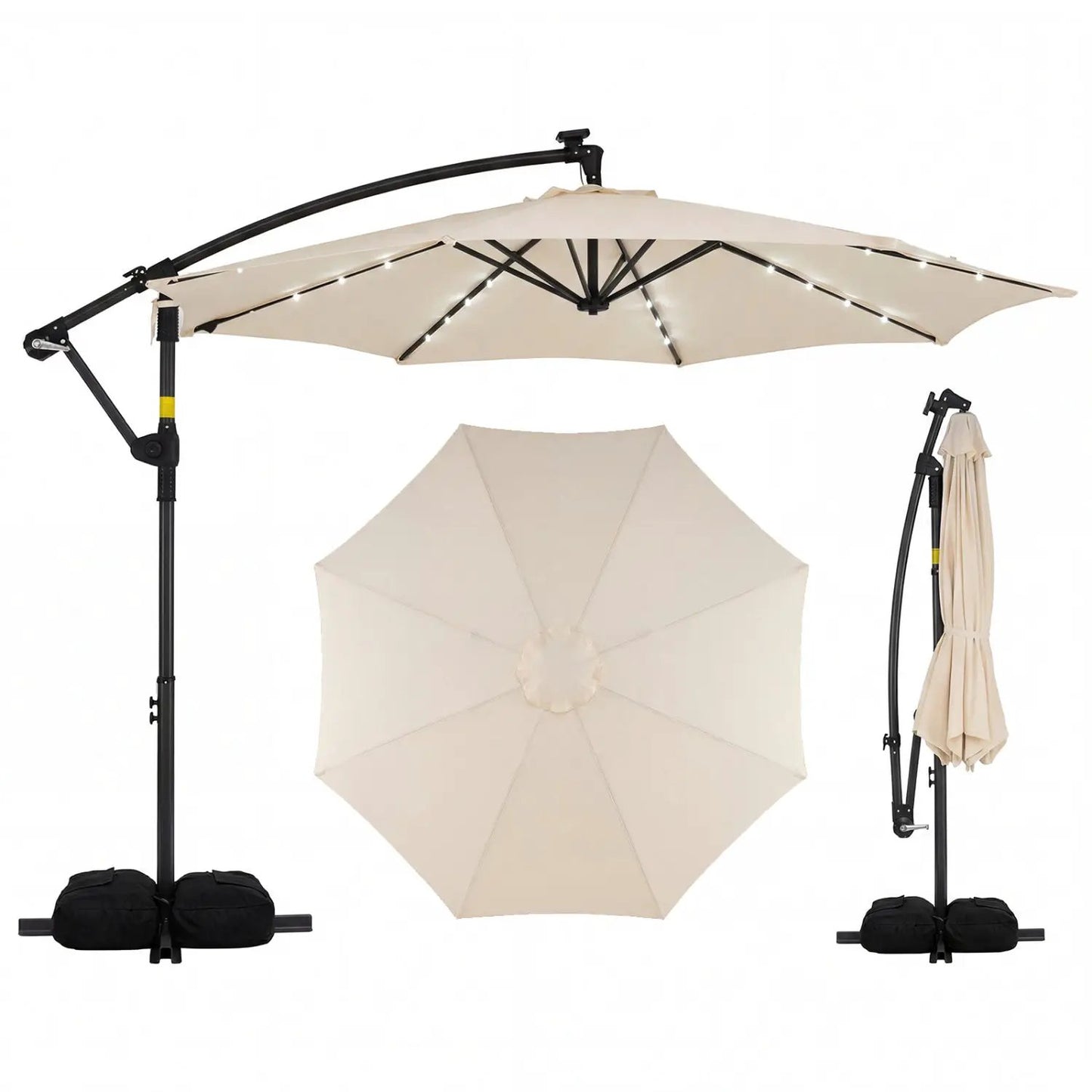 DirectDeals Solar Offset Hanging Umbrella with Base and LEDs, beige canopy with LED lights on Tampa Home & Garden Store