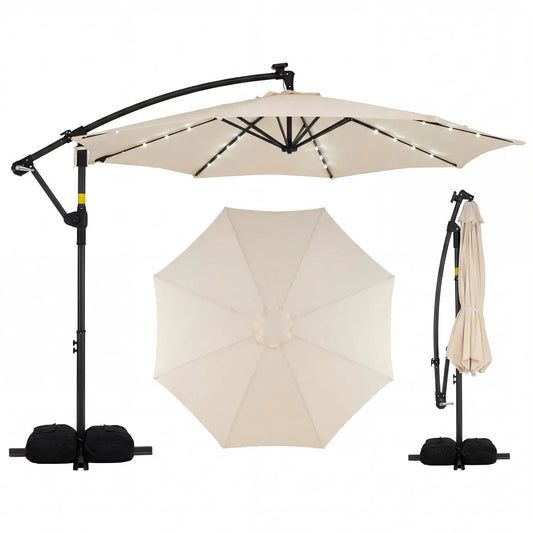 DirectDeals Solar Offset Hanging Umbrella with Base and LEDs, beige canopy with LED lights on Tampa Home & Garden Store