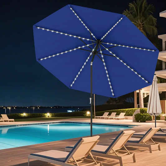 DirectDeals 10 ft solar patio umbrella with LED lights along ribs and tilt, blue canopy on Tampa Home & Garden Store