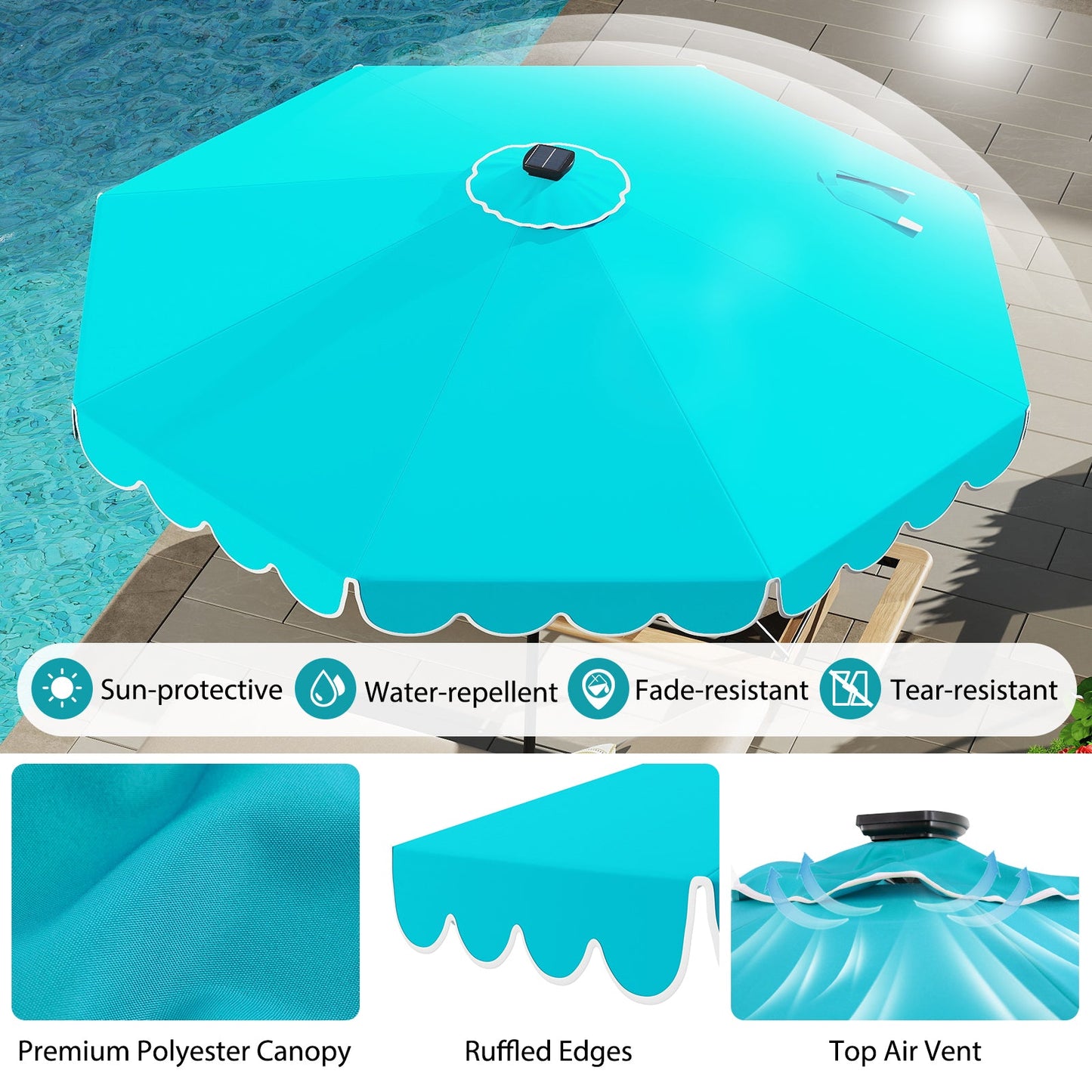 10 Feet Solar Patio Umbrella with 24 LED Lights-Turquoise