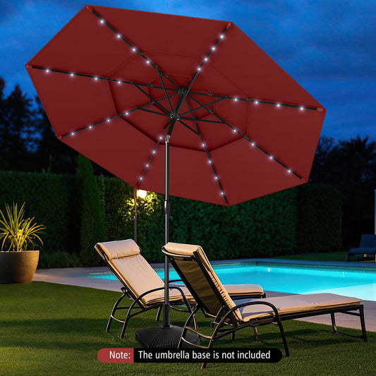 10 Feet Solar Patio Umbrella with 32 LED Lights 3-Tier Vented Top-Wine