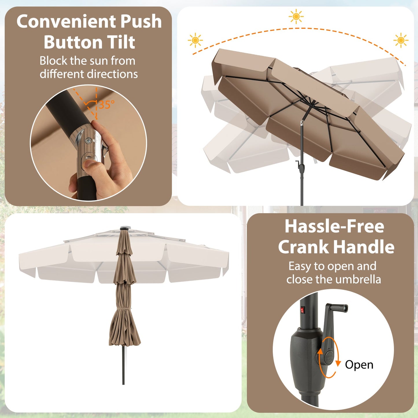 10 Feet Solar Patio Umbrella with 3-Tier Vented Top-Taupe