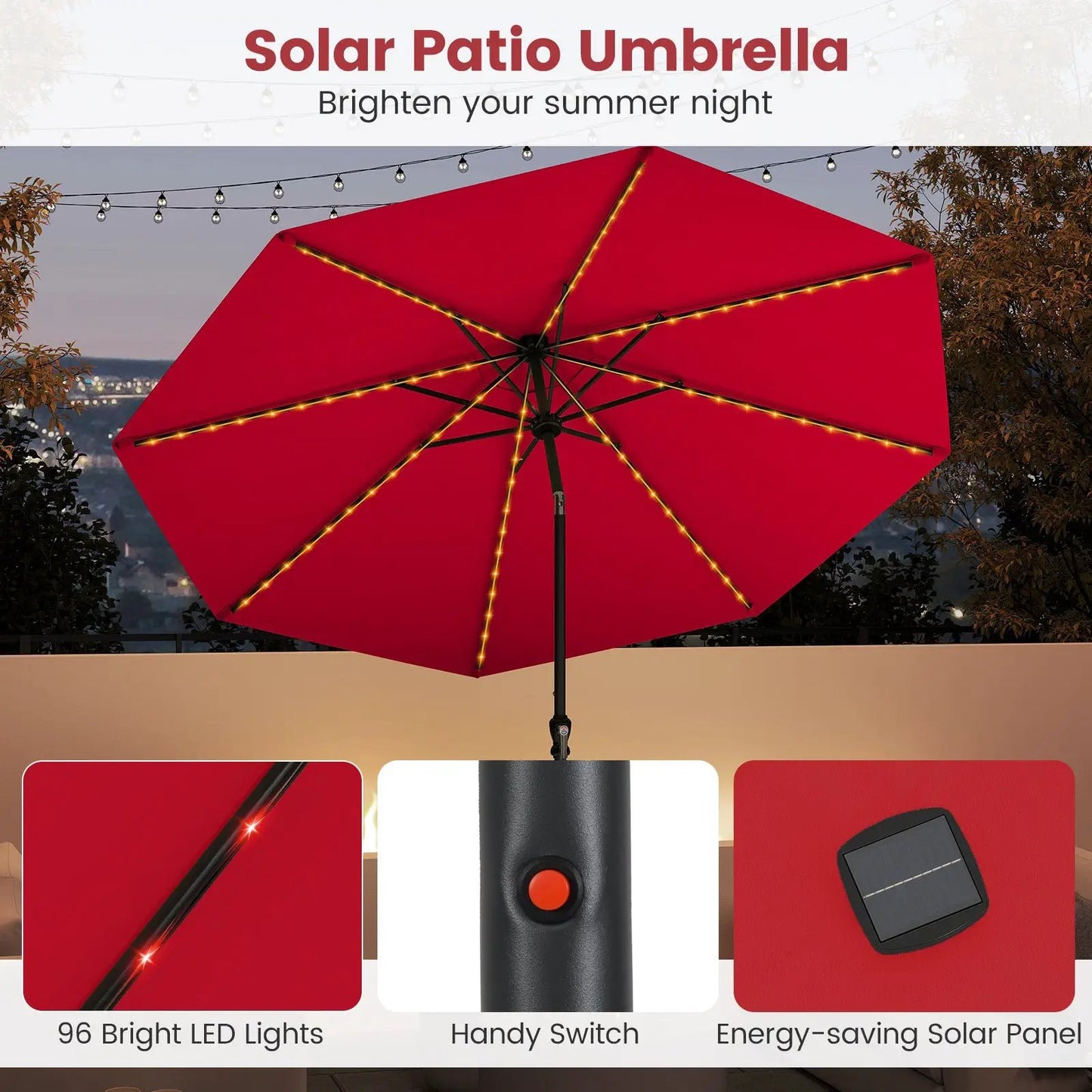 Solar Patio Umbrella with LED lights along ribs and tilt, red canopy, DirectDeals with switch on Tampa Home & Garden Store