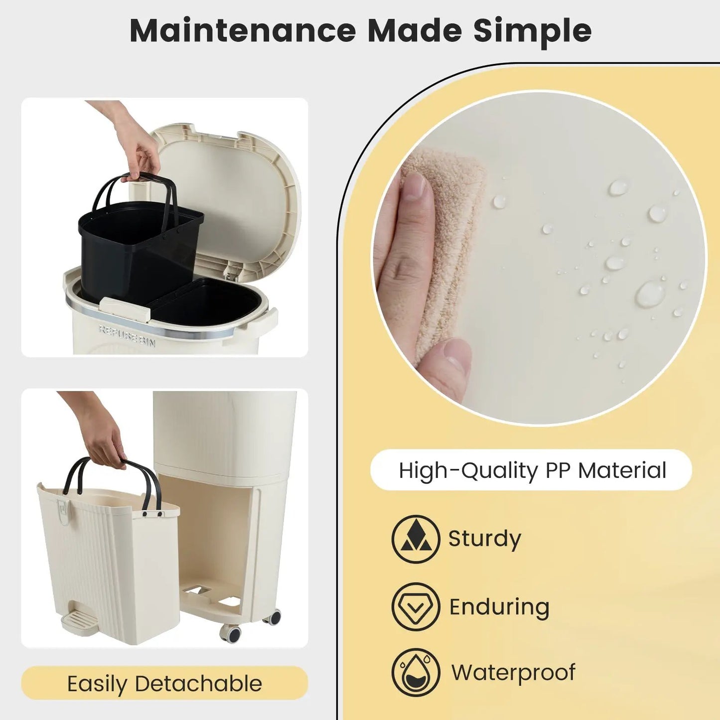 10 Gallon Kitchen Trash Can double-layer with lid and 2 removable black buckets beige outer shell on Tampa Home & Garden Store