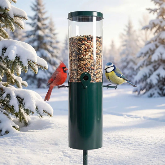 10 Lb squirrel-proof bird feeder with pole mount and seed-filled tube; two birds perched on Tampa Home & Garden Store