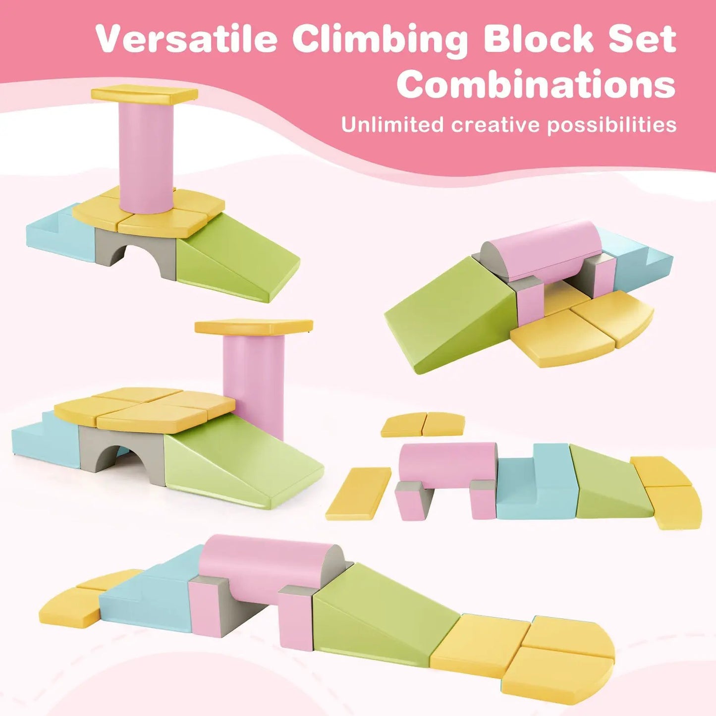 10-piece soft foam climbing blocks set for toddlers in pastel pink, blue, yellow, and green on Tampa Home & Garden Store