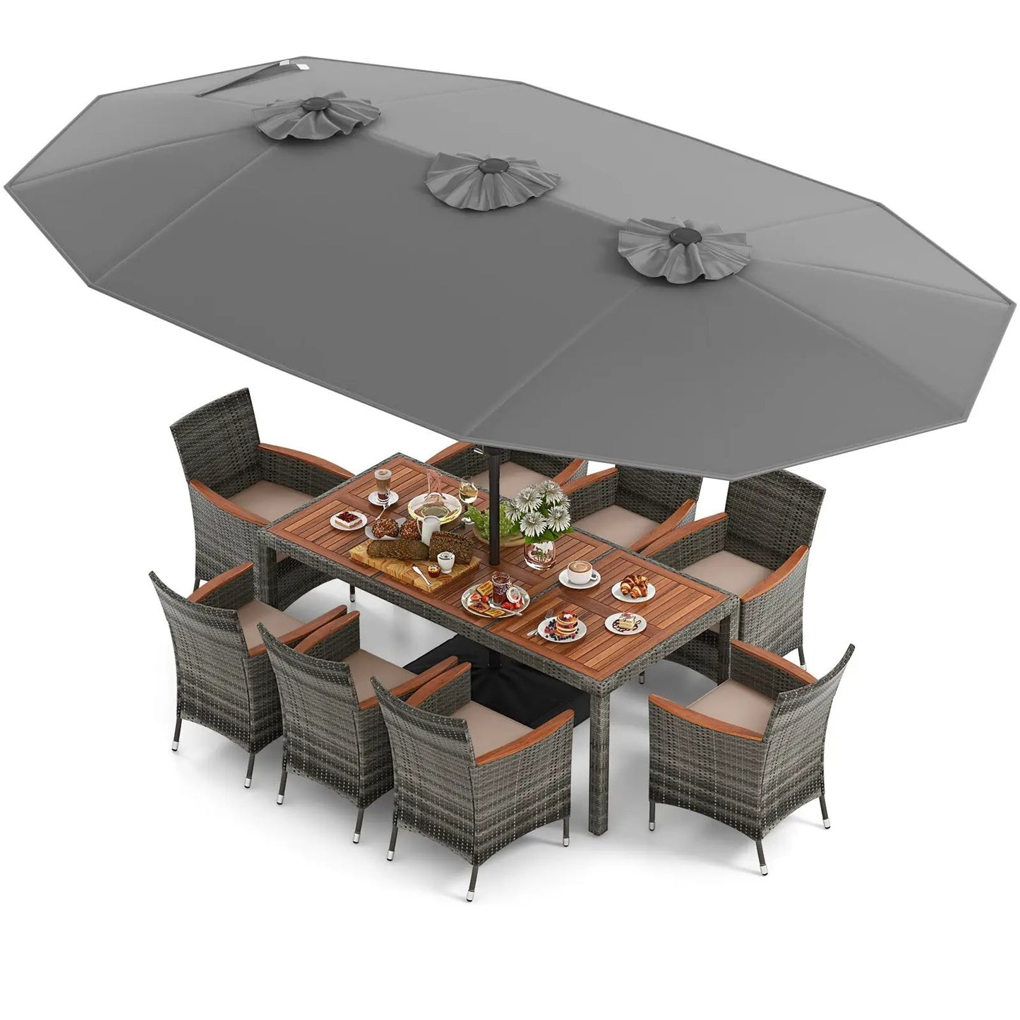 10-piece patio wicker dining set with gray 15ft umbrella, brown wicker chairs and wood table by DirectDeals on Tampa Home & Garden Store
