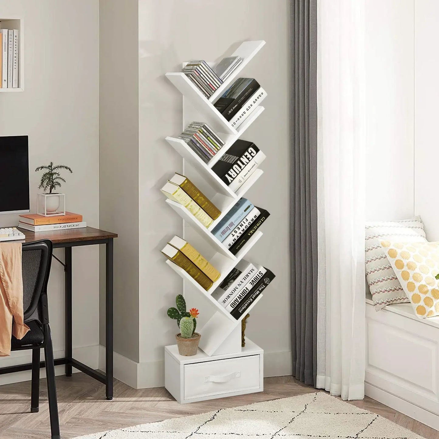 Tree Bookshelf with Drawer 10-Tier Storage, white zigzag corner shelf on Tampa Home & Garden Store
