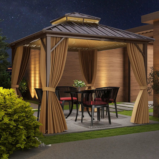 10x10 Feet hardtop gazebo with beige curtains and netting, gray metal frame, DirectDeals on Tampa Home & Garden Store