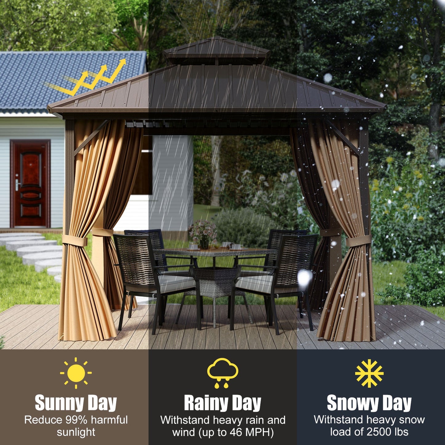 10x10 ft hardtop gazebo with netting curtain, brown frame and beige drapes, DirectDeals gazebo on Tampa Home & Garden Store