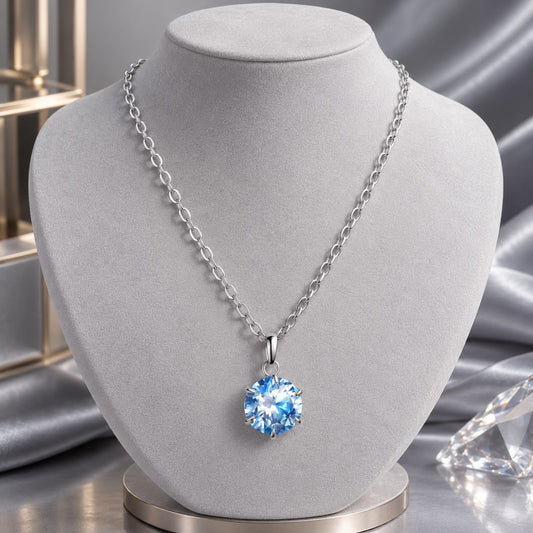 Sterling Silver moissanite pendant necklace with 6.5mm round blue gemstone on cable chain on Tampa Home & Garden Store