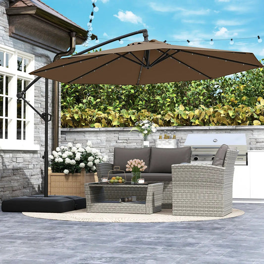 10 Feet Solar Offset Hanging Umbrella with Base and 32 LED Lights-Taupe - Tampa Home & Garden Store