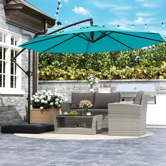 Turquoise 10 ft Solar Offset Umbrella with Base