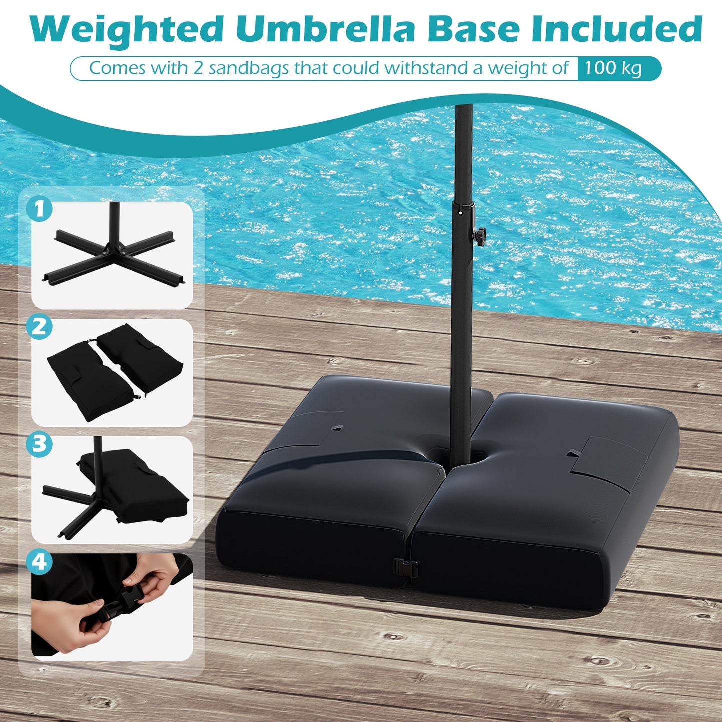 10 Feet Solar Offset Hanging Umbrella with Base and 32 LED Lights-Turquoise
