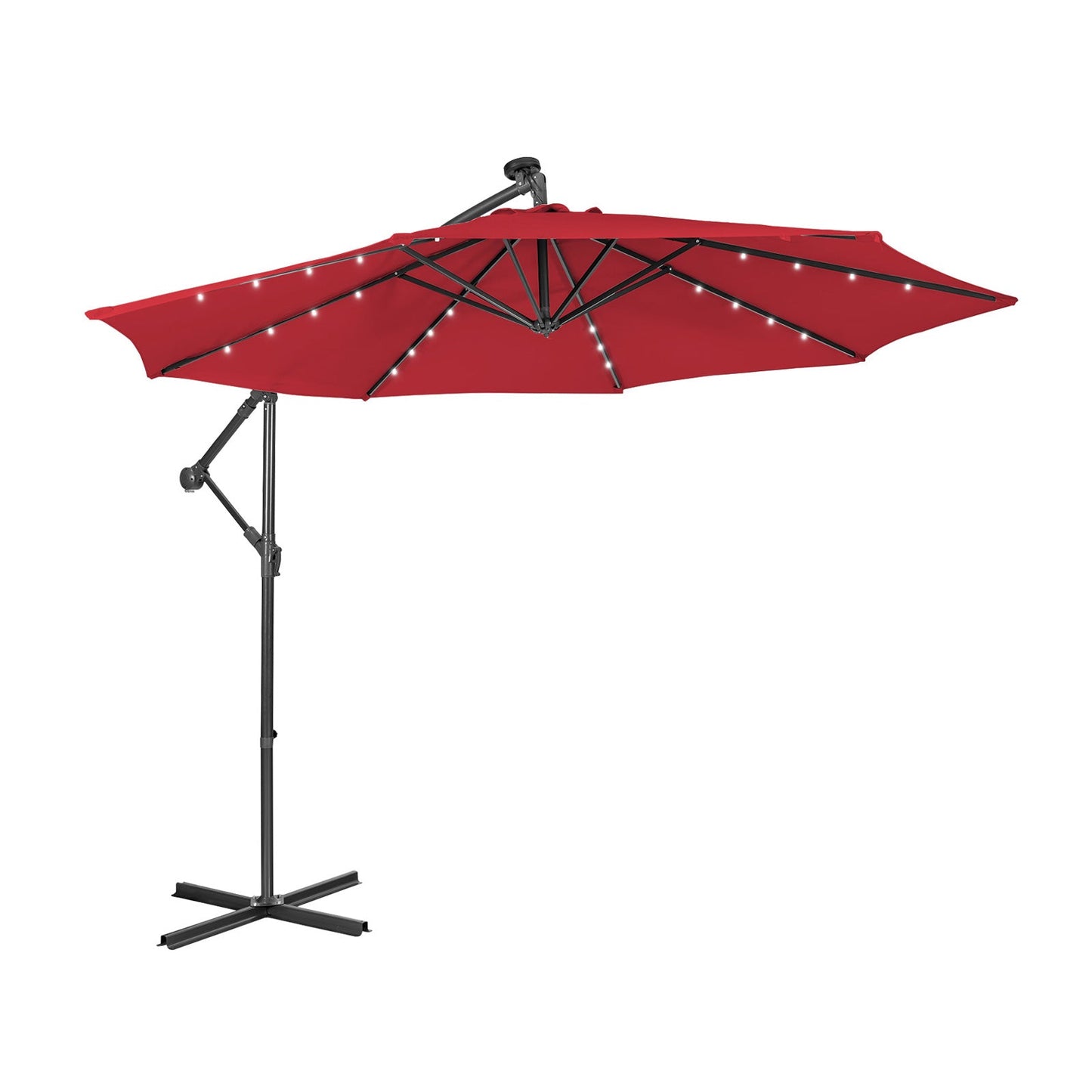 Solar Powered Cantilever Patio Umbrella with Tilt, red canopy and LED lights, DirectDeals on Tampa Home & Garden Store