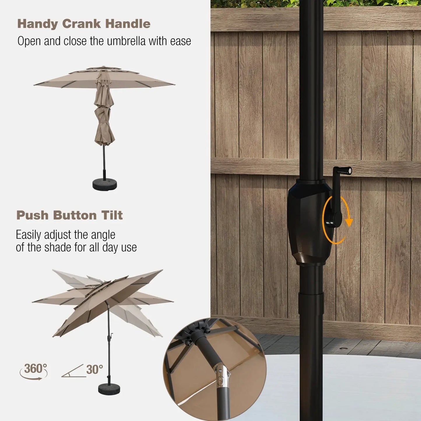 10 ft brown 3-tier vented patio umbrella with push-button tilt and crank DirectDeals umbrella on Tampa Home & Garden Store