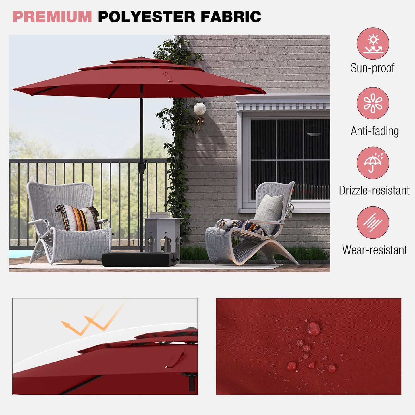 10 ft 3-tier Vented Patio Umbrella with Push Button Tilt-Red