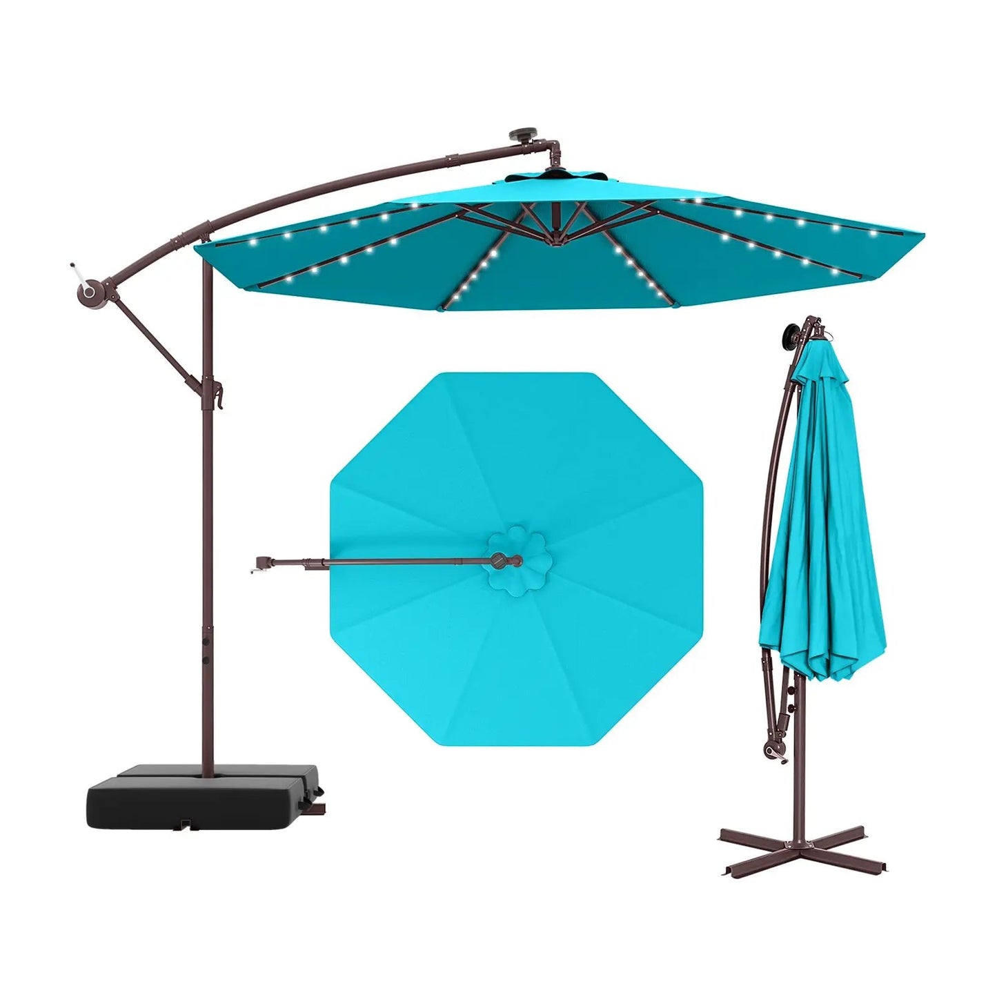 Teal 10 ft cantilever patio umbrella with solar lights, includes base and crank on Tampa Home & Garden Store